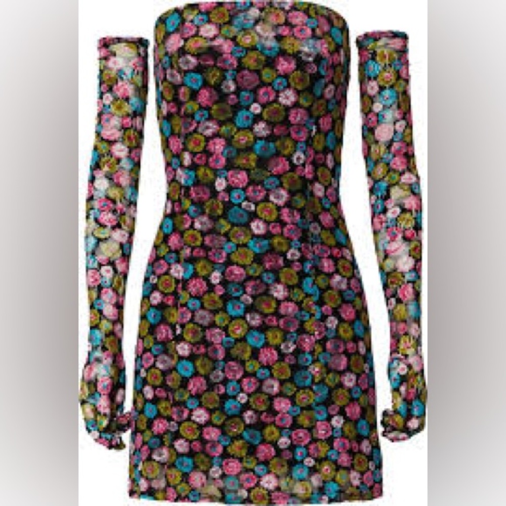 REVOLVE Black Off-Shoulder Mini Dress with Pink, Blue & Green Floral Print